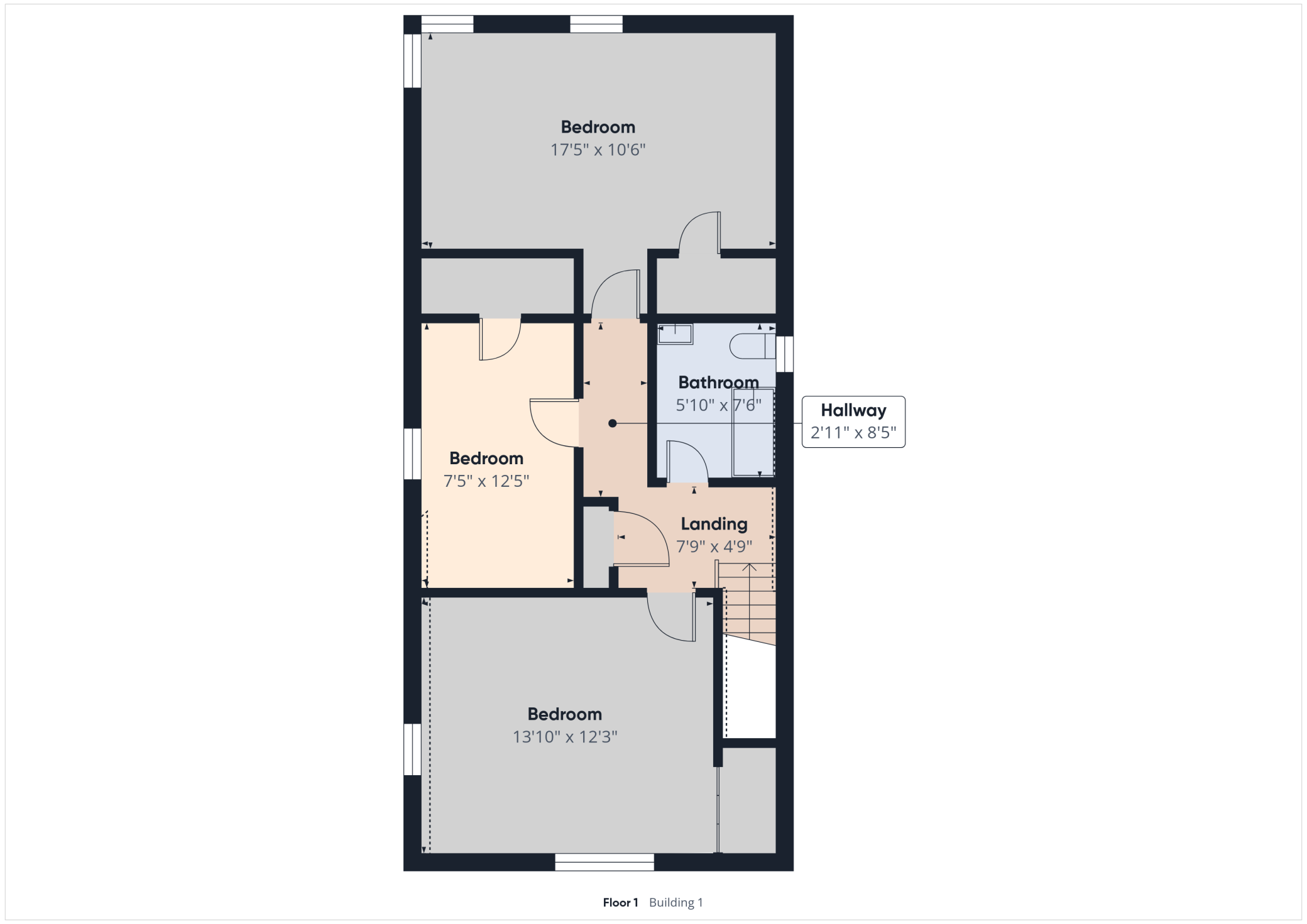 Upper level floor plan showing bedroom and bath layout.