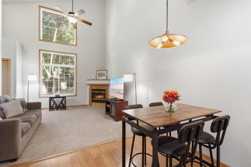 The open layout offers an easy flow between the dining and living spaces.
