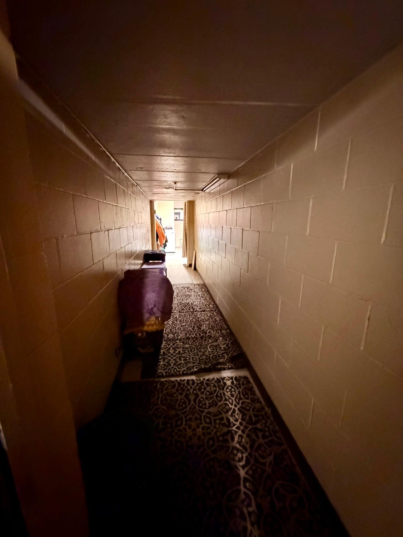 Tunnel from lower level garage into home.