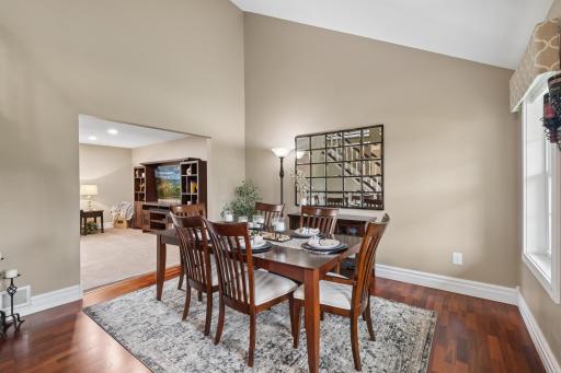 The vaulted ceiling in the dining room creates an open, airy feel.