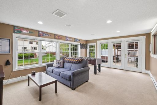Lower level bonus room has great lighting and overlooks the well maintained yard and pond views. This is also convenient to the outdoor entertaining area.