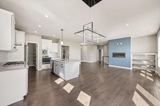 Open floorplan kitchen, dining, and main living area