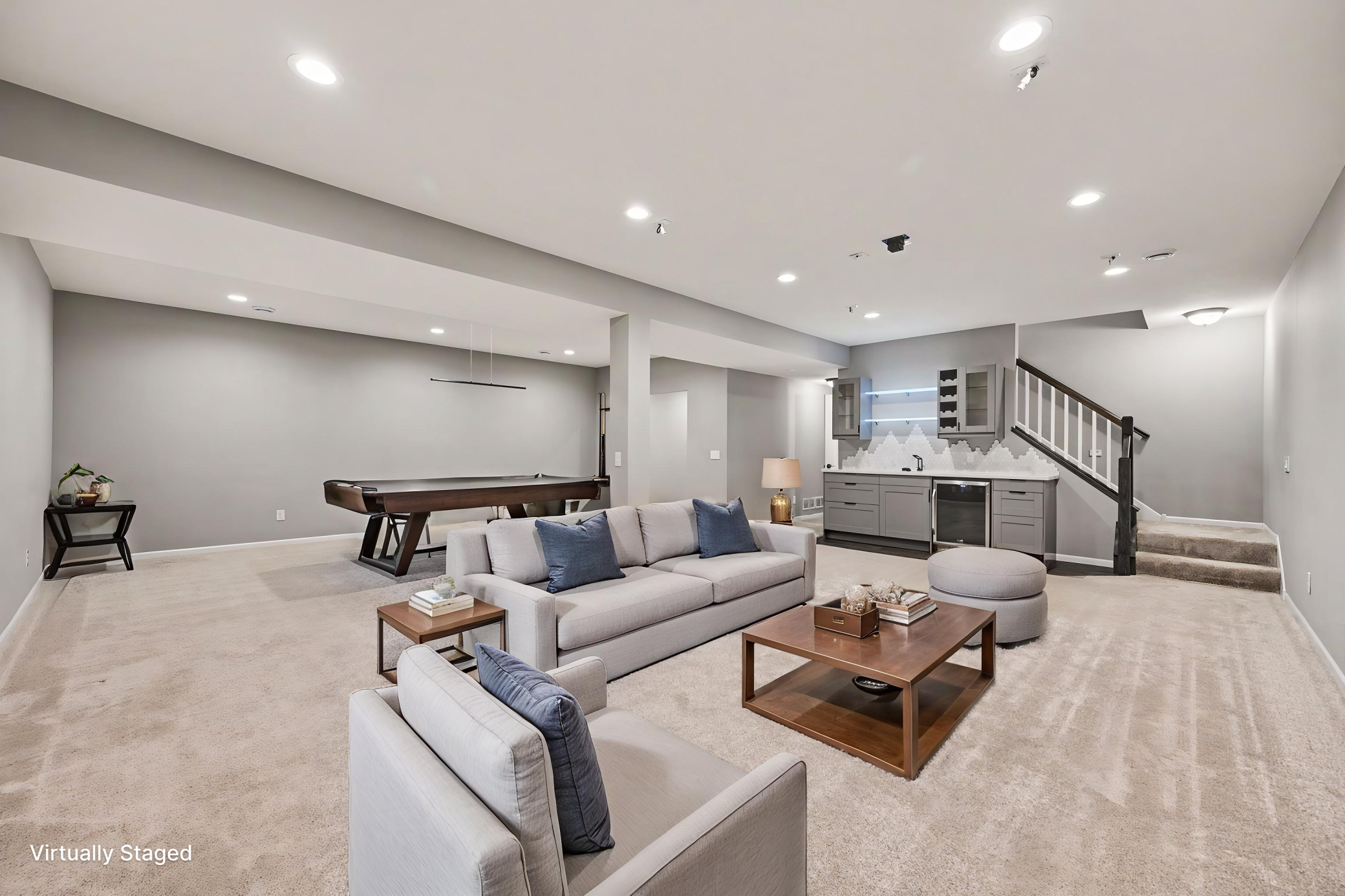 Lower level living room virtually staged