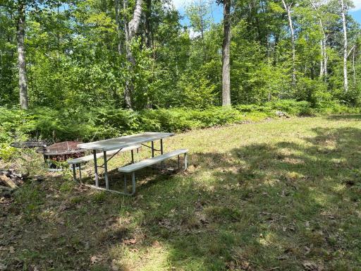 The outdoor space offers a setting to gather and unwind, a picnic table and fire pit area creates the perfect backdrop for relaxing, entertaining, or enjoying the surrounding landscape.