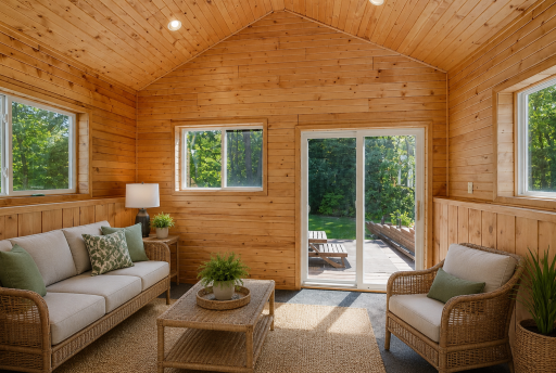 Stunning wood-lined vaulted lower-level sunroom filled with natural light and rustic charm â the perfect cozy space to relax and enjoy the beautiful surrounding views year-round.
