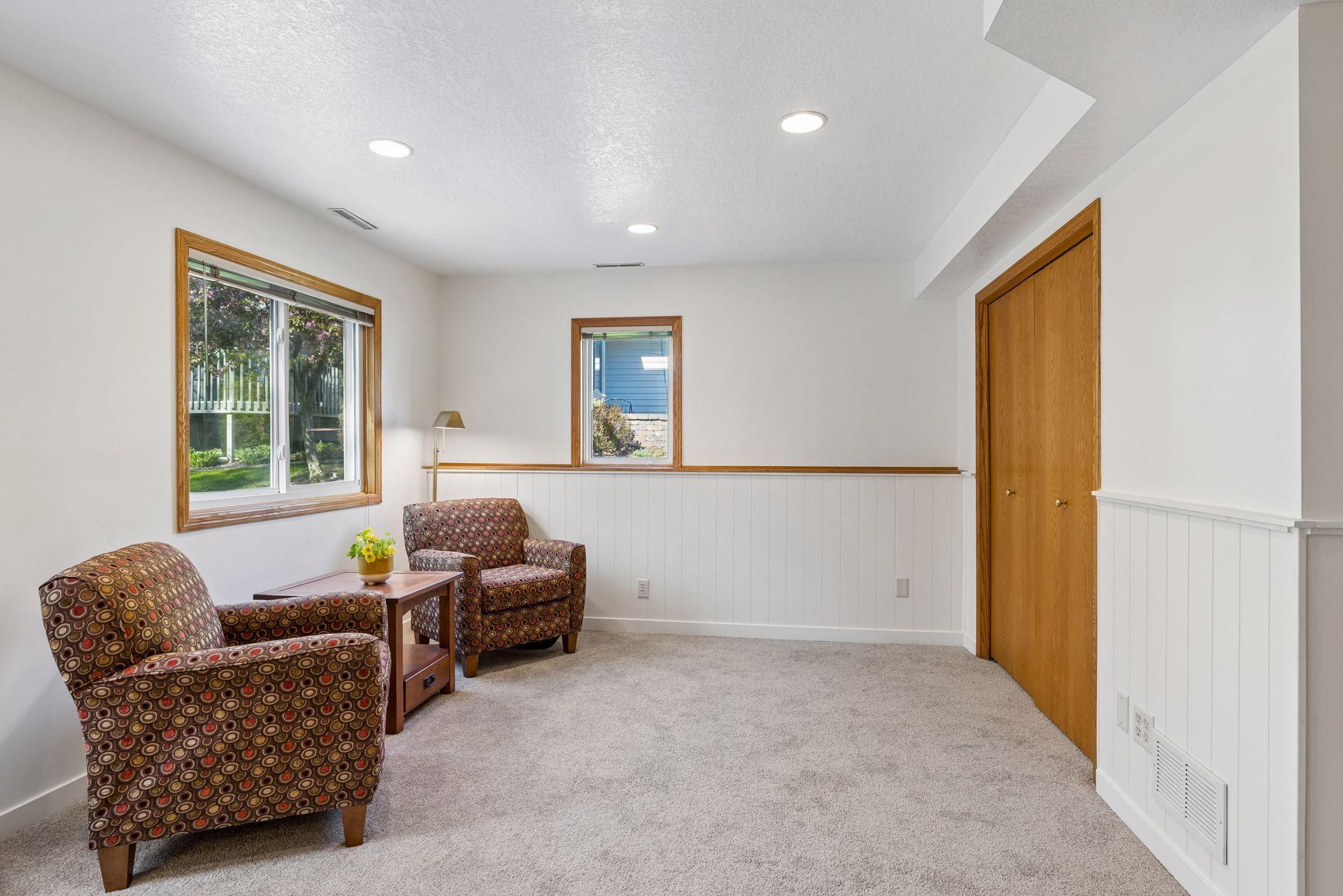 South-facing windows let light into the room.