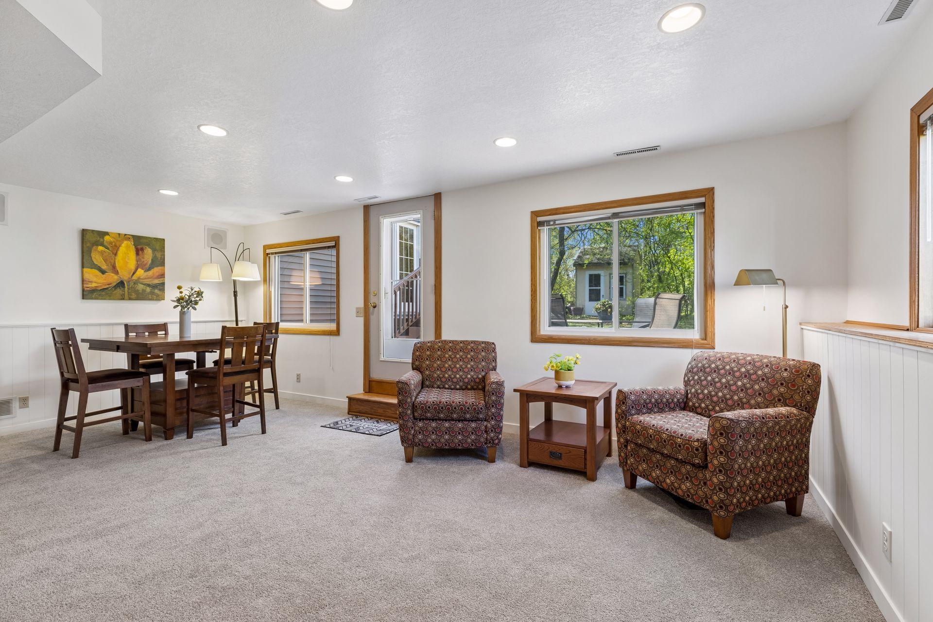 The family room has a door leading out to the rear patio.