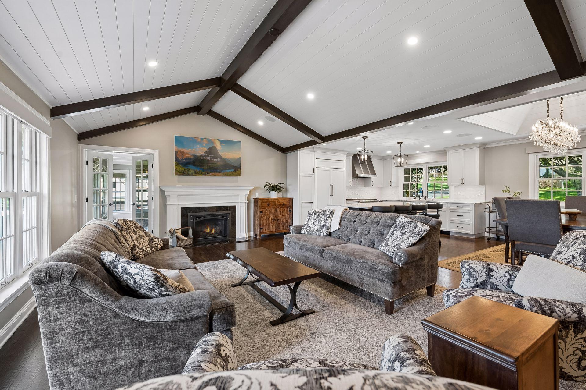 Living Room w/ Vaulted, Beamed, Wood Planked Ceiling & Sonos Sound System
