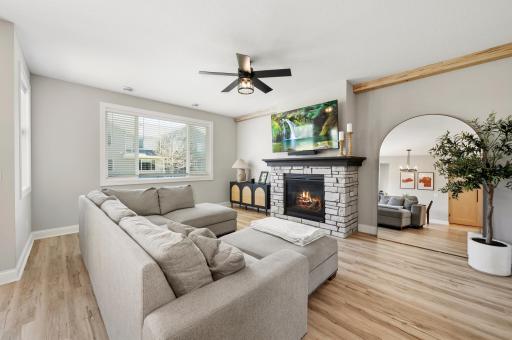 Open living room with gas fireplace