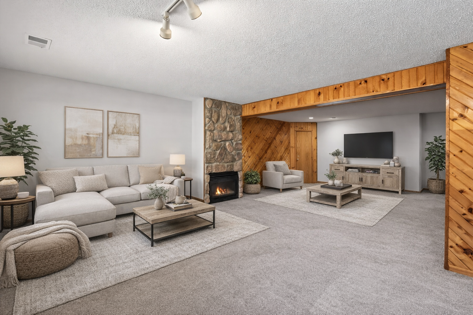 Virtually staged family room. Multiple spaces for various purposes.