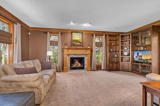 Built in shelving for decor use and organization.