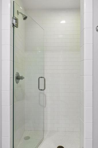 Ensuite tile surround shower with glass shower door.