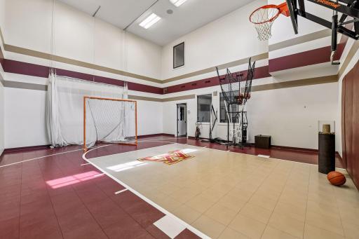 Upper window is from desk nook to view into sport court when on main level. Three-point line and free throws all day long here. Dr Dish shooting machine available for sale to assist your player to practice alone on their shots.