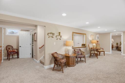 Lots of recessed lighting in this walkout lower level.