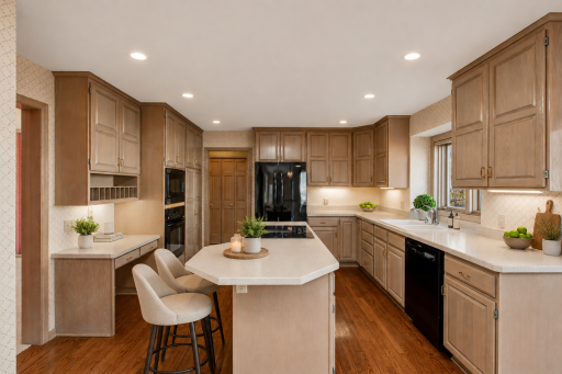 Custom kitchen with center island, kitchen window, lots of cabinets (Virtually staged & enhanced)