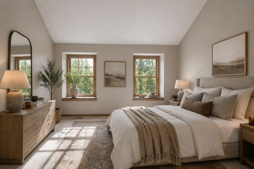 Vaulted primary bedroom suite with double sinks, separate tub and shower plus walk-in closet (Virtually staged & enhanced)