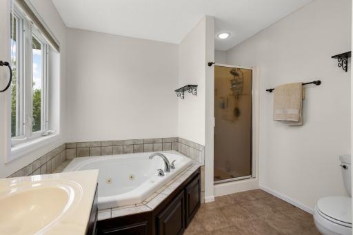Full primary bath with double vanity and separate tub and shower