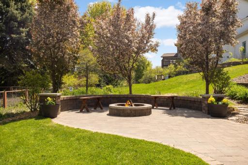 and patio with firepit... all with a pond backdrop!