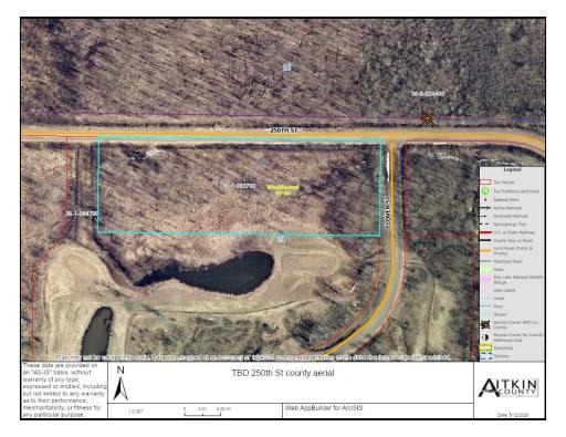 TBD 250th St county aerial image. This is an approximate overlay showing lot shape/terrain, and is not a survey and is not deemed to be accurate or reliable for lot lines; just an approximate overlay image from county site.