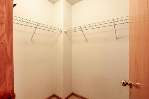 Generous walk-in closet provides ample hanging space and convenient storage.