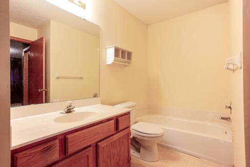 Bright full bathroom featuring a large vanity, tub, walk-in shower, and functional layout.