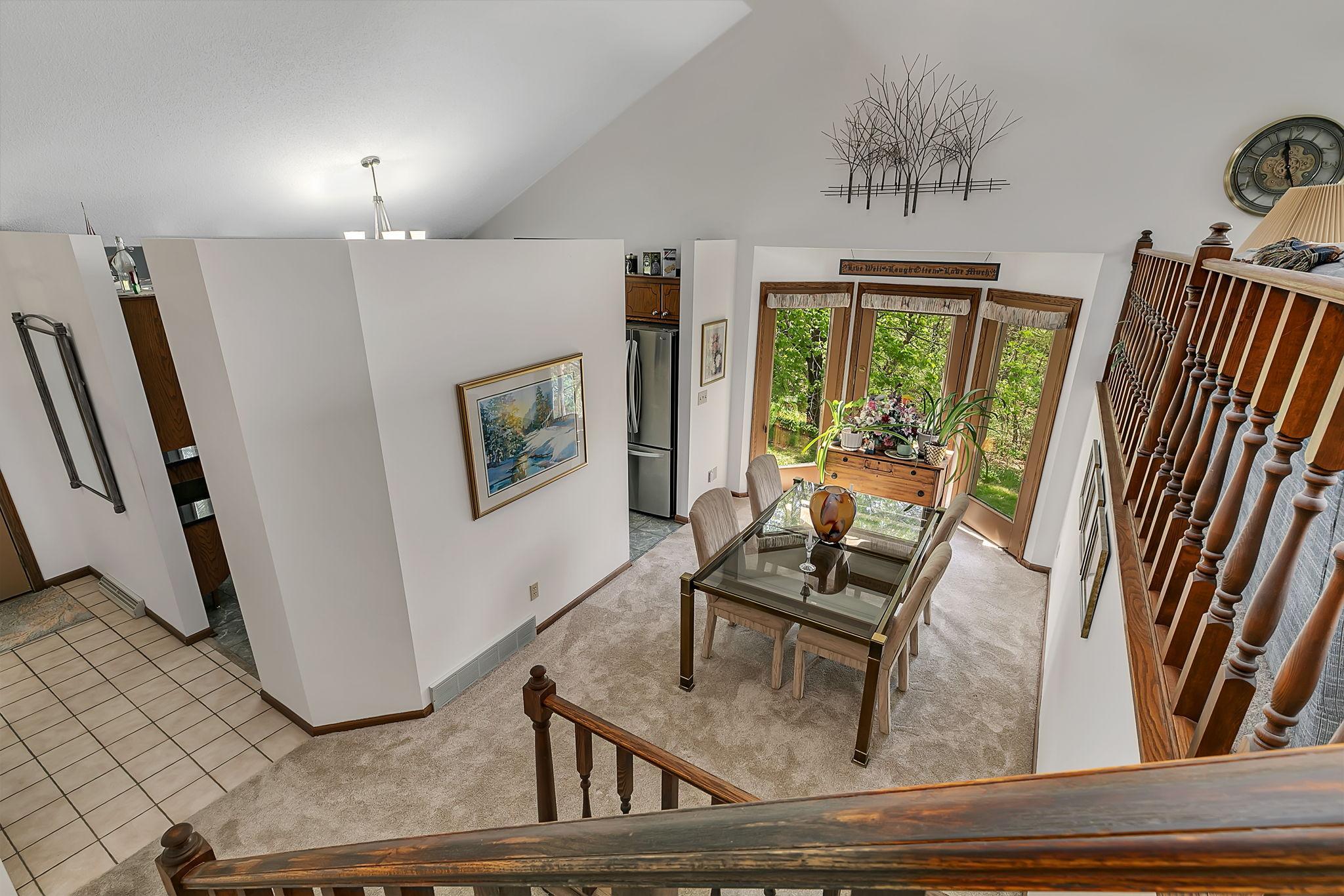 Stairwell view looking down to the dining room.