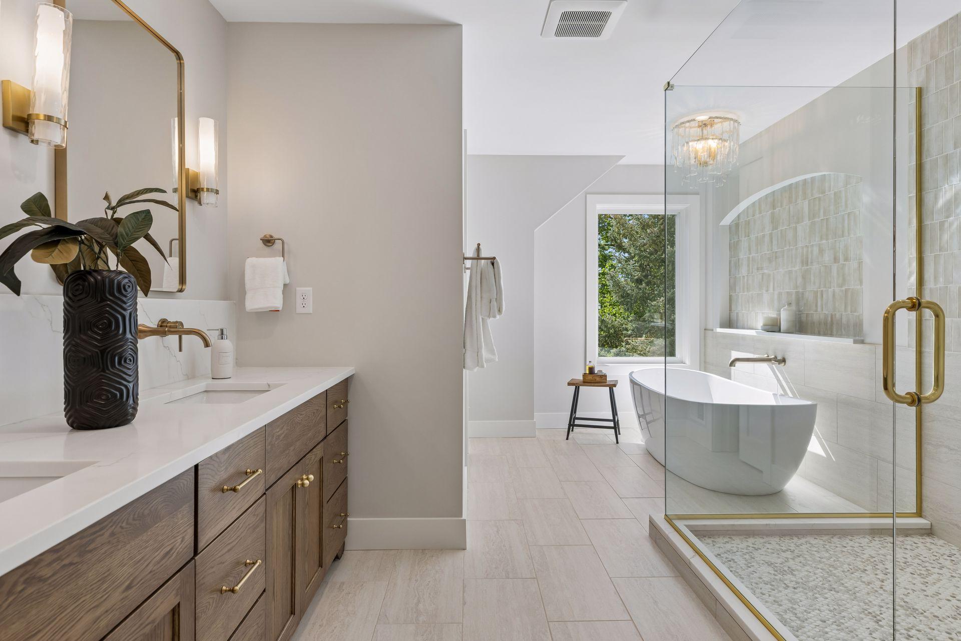 Primary Bath: Custom Double Vanity White Oak Cabinet + Heated Tile Floor + Custom Tile Details