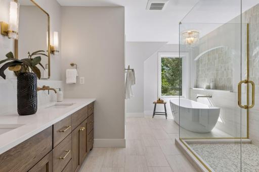Primary Bath: Custom Double Vanity White Oak Cabinet + Heated Tile Floor + Custom Tile Details