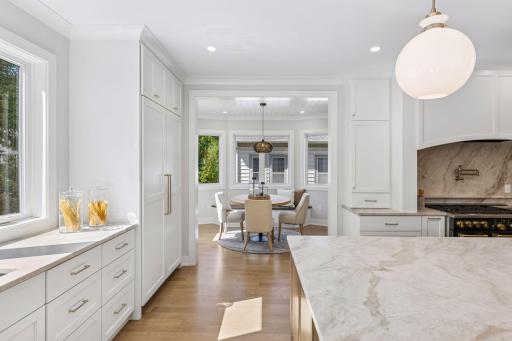 Breakfast Nook + Cabinet Refrigerator + Crown Moulding