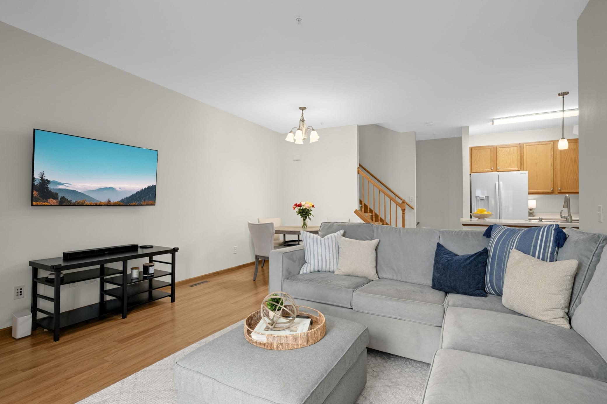 Outstanding living space with living room, dining area and kitchen