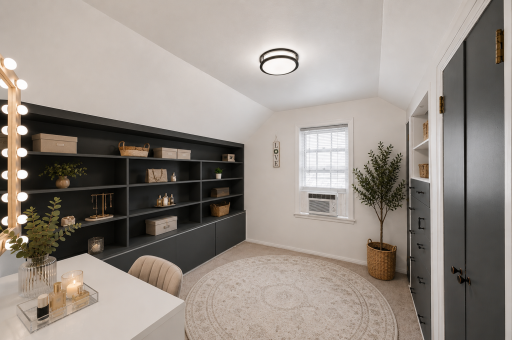 Custom built-ins create the perfect dressing room, hobby room, or additional office space. *Virtually Staged*