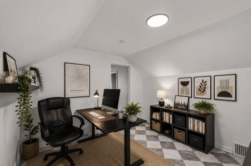 Dedicated workspace tucked away upstairs for productivity and privacy. *Virtually Staged*