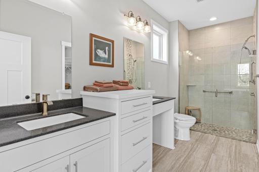 Primary bath features roll-in shower and roll-under vanity.