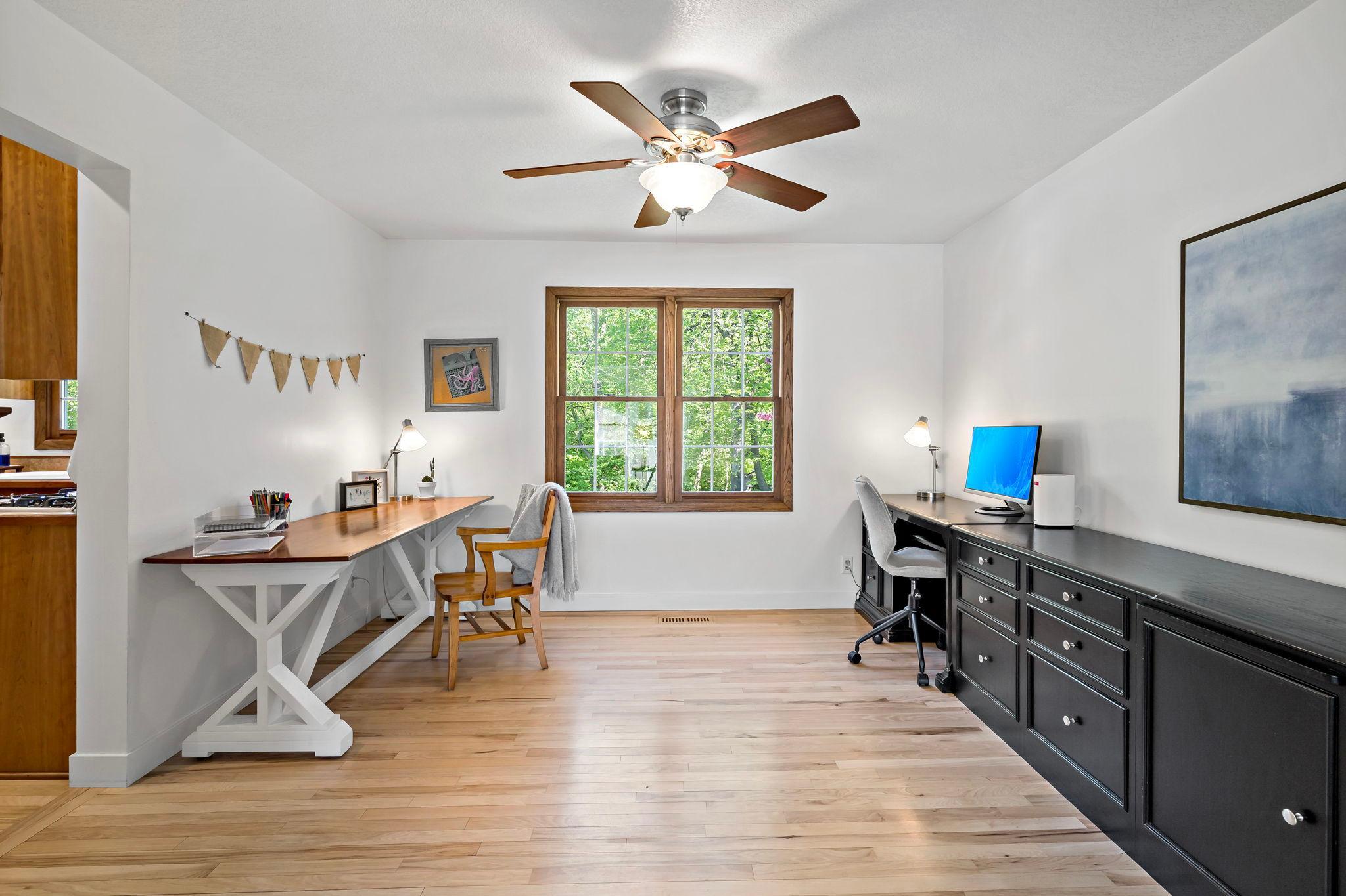 Office, dining, workout, playroom.