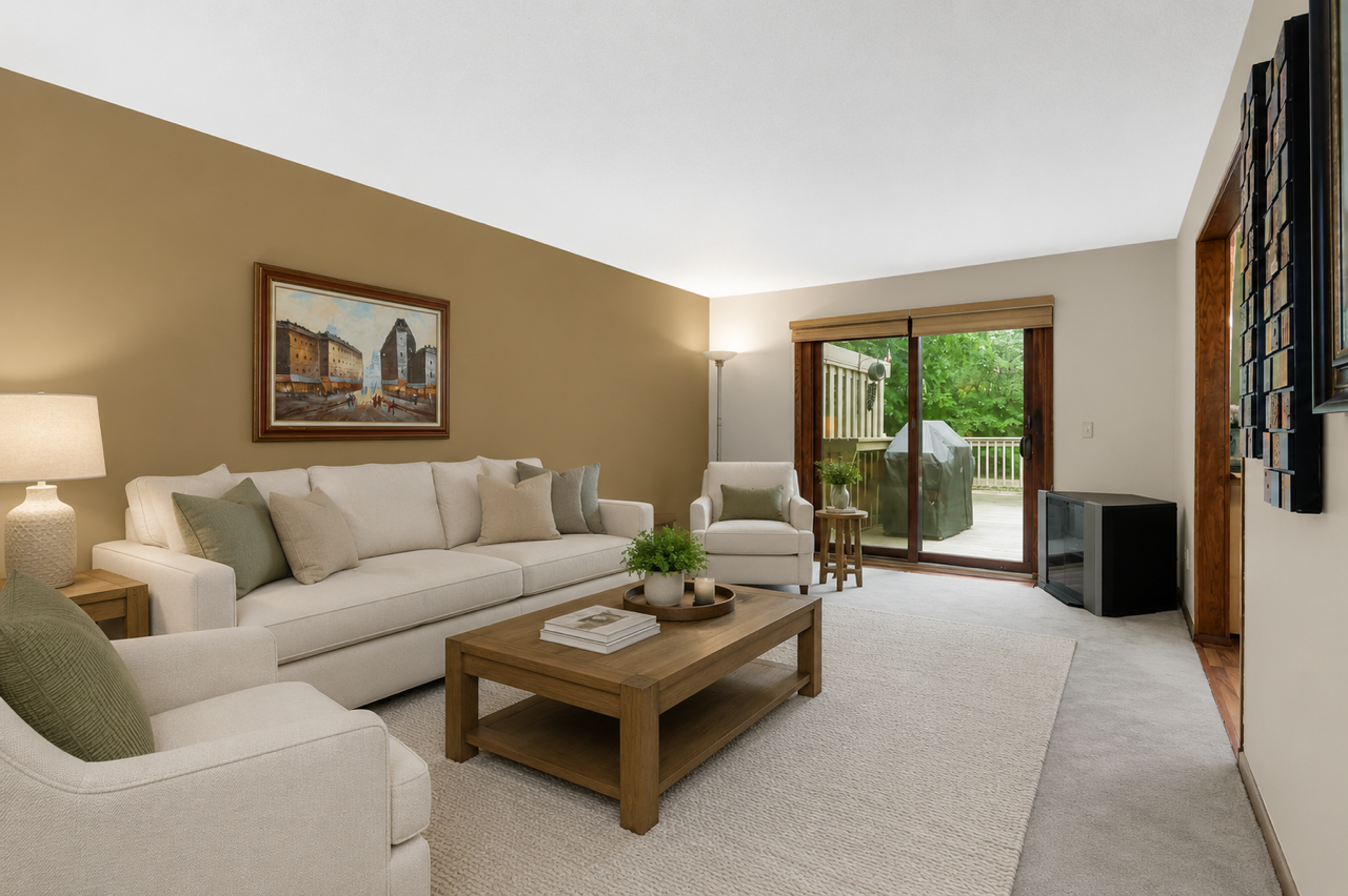 Main floor living room with sliding glass door to your private backyard.