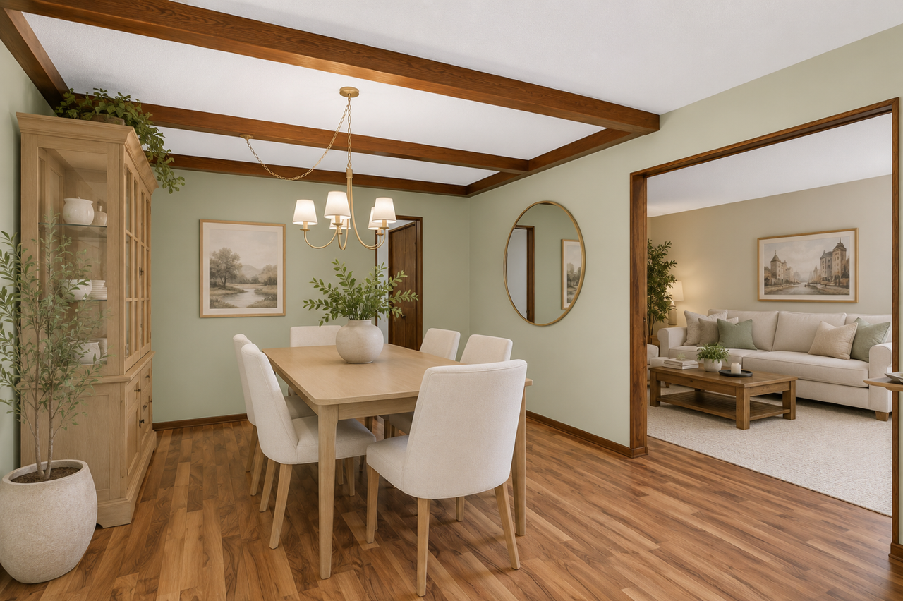 Main floor dining room with fireplace.
Some virtual staging.
