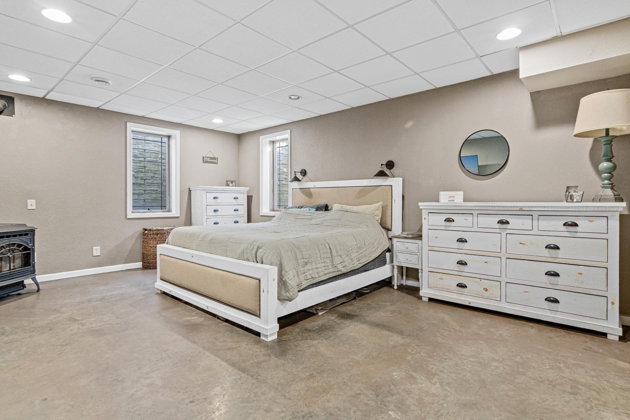 A spacious lower-level suite designed as a private escape