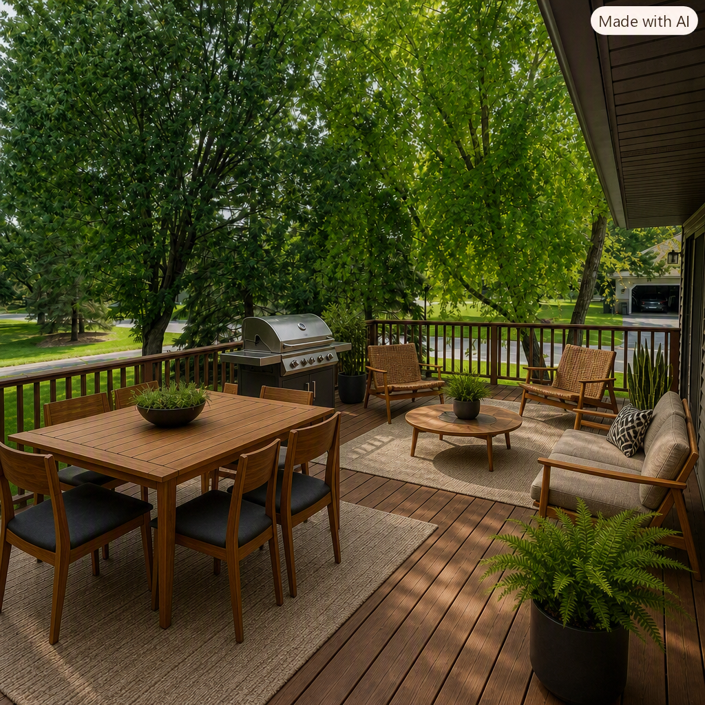 Virtually staged. A deck with room for everyone — grilling, dining, unwinding. Shade trees to enjoy summer breezes.