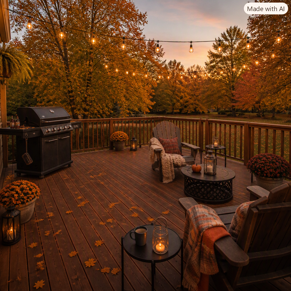 Virtual image-Huge deck for grilling and enjoying the fall colors. Mature trees for privacy and beauty.