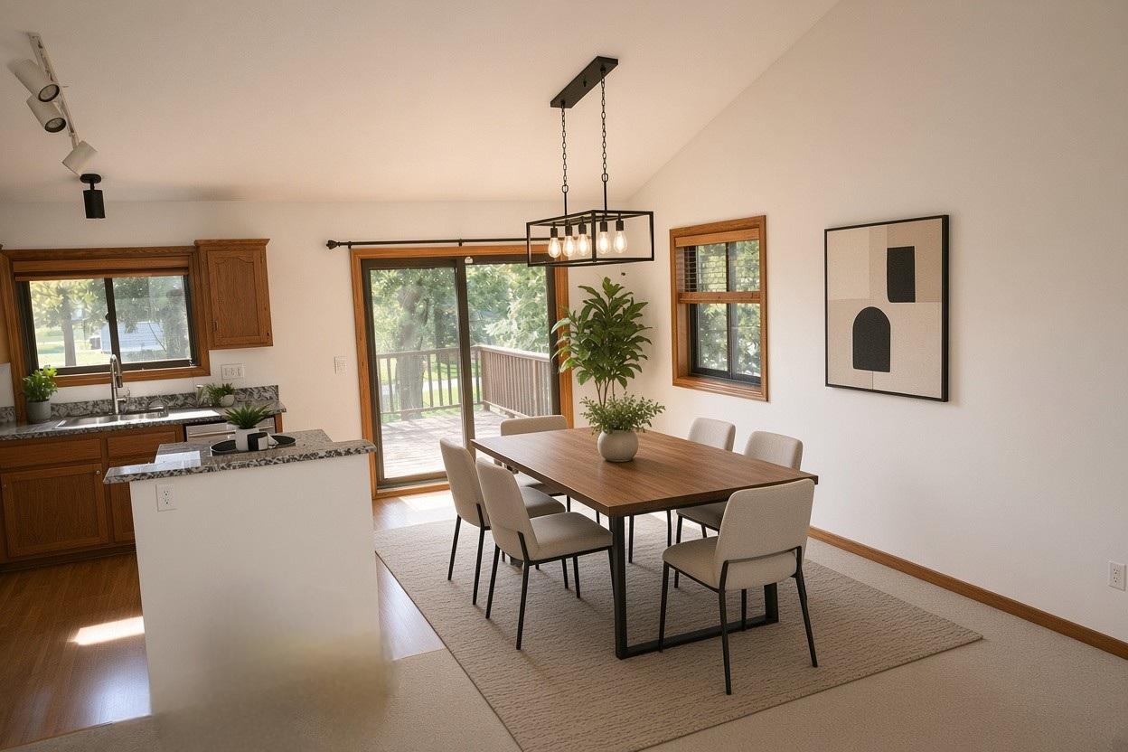 Virtually Staged NEW BLACK DINING ROOM LIGHTING. Fresh, bright, and move in ready. Lovely dining area with views of mature trees and private backyard.