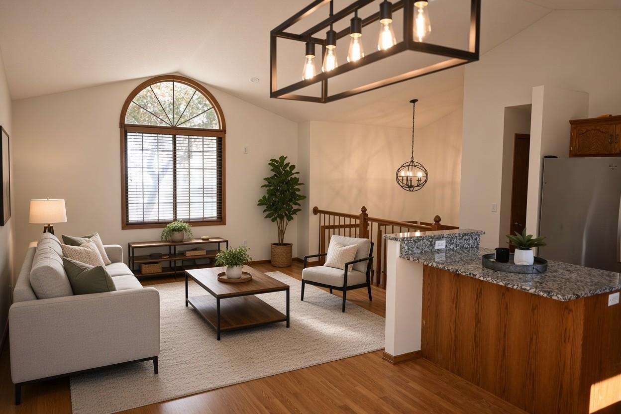Virtual - Fresh new lighting enhances this fabulous home. Transom window and vaulted ceilings brings in natural lighting. Great space for relaxed living.