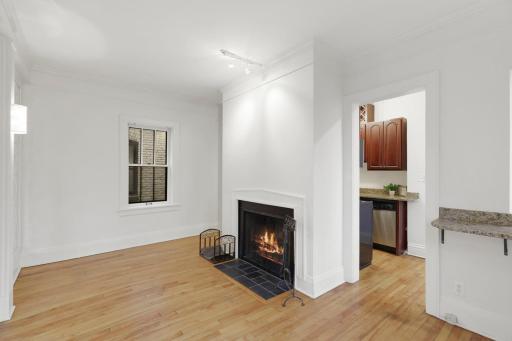 Cozy living room with wood burning fireplace