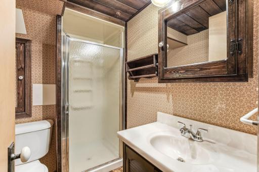Lower-level bath with a workable footprint thatâs ready for a few simple updates.