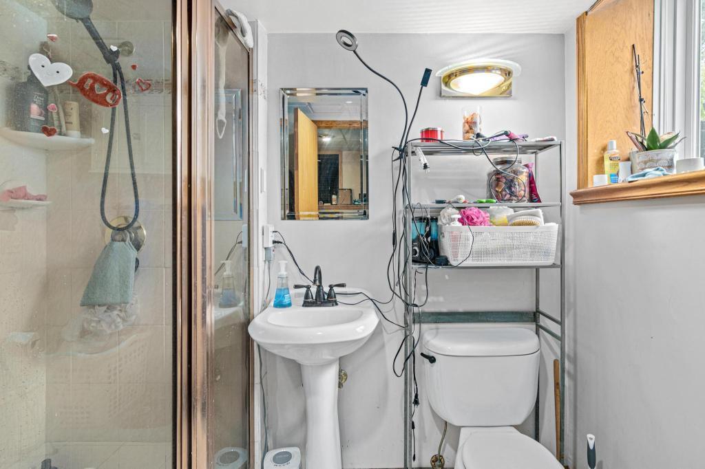 Lower level bathroom with a great window to the backyard.