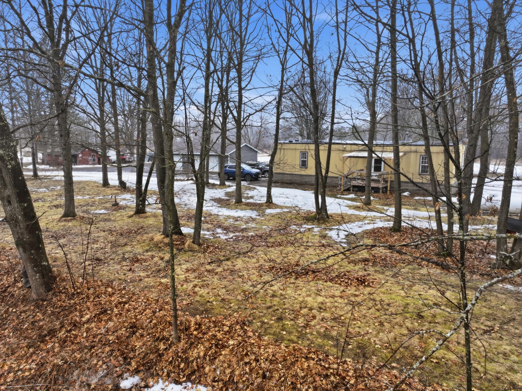 View from the yard looking toward the home, surrounded by mature trees for a peaceful setting