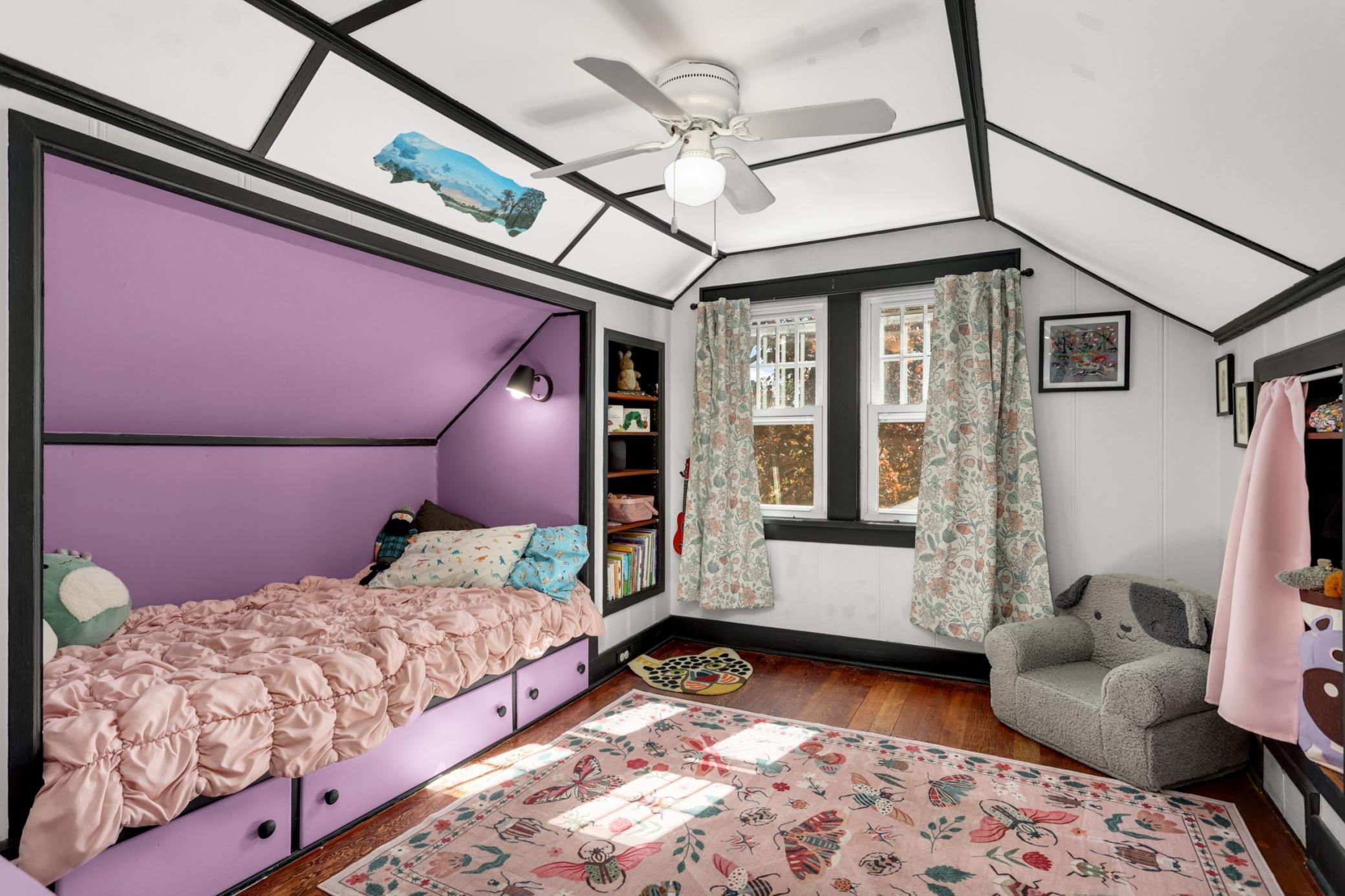 Bold, custom-designed bedroom created for the owner’s daughter, featuring a unique and personalized space with distinctive style and thoughtful detail throughout.