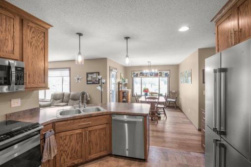 View from the kitchen to the dining room.