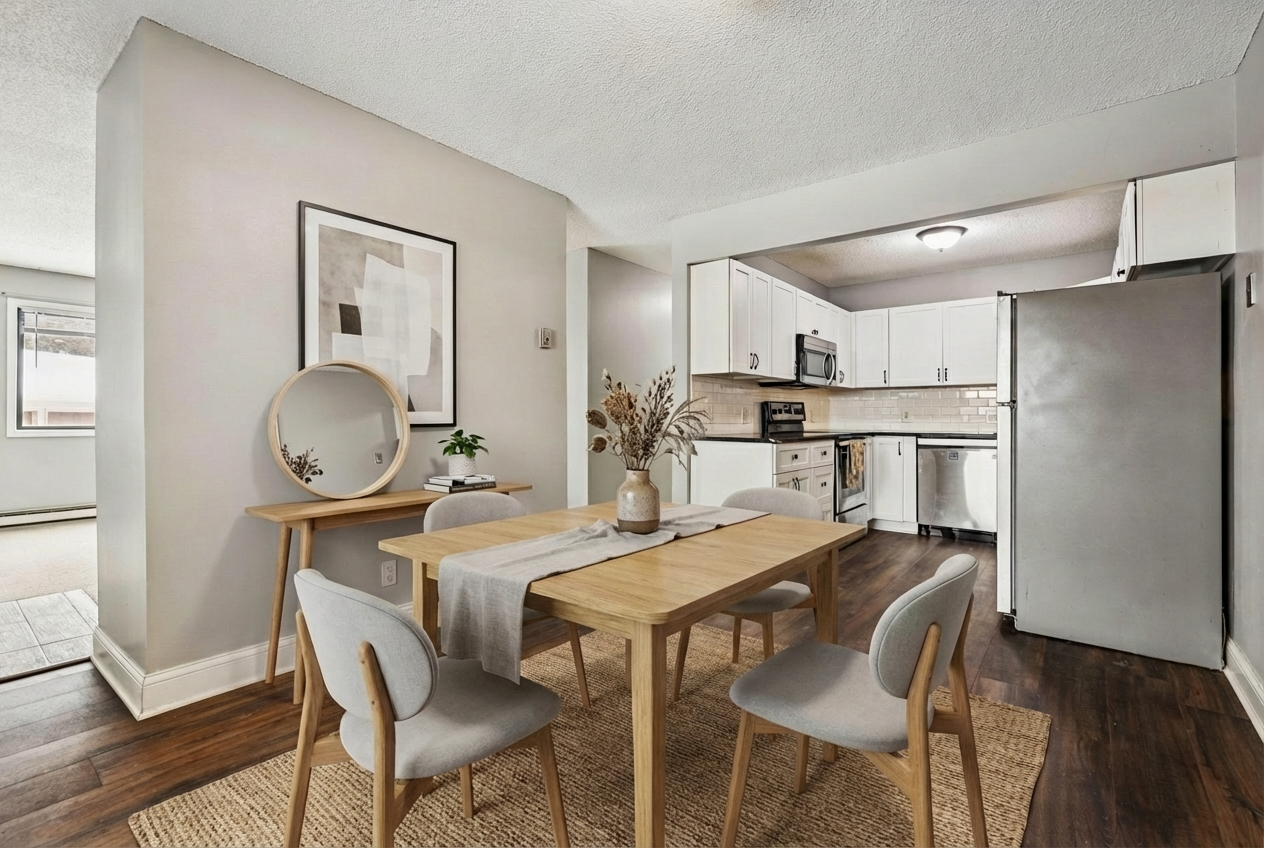 Virtually Staged Dining Room - The kitchen features durable luxury vinyl plank flooring, crisp white cabinetry, granite countertops, and stainless steel appliances, creating a clean and timeless space.