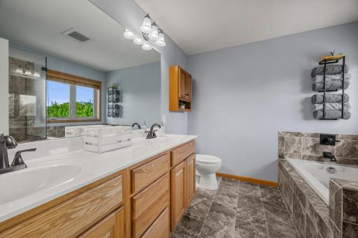 The primary bedroom features a walk-in closet and a large ensuite bathroom complete with a walk-in shower, jetted soaking tub, and dual vanity.