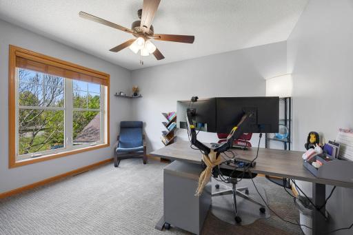 Bedroom three on the upper level is filled with natural light and features carpeting, a ceiling fan, and a walk-in closet.